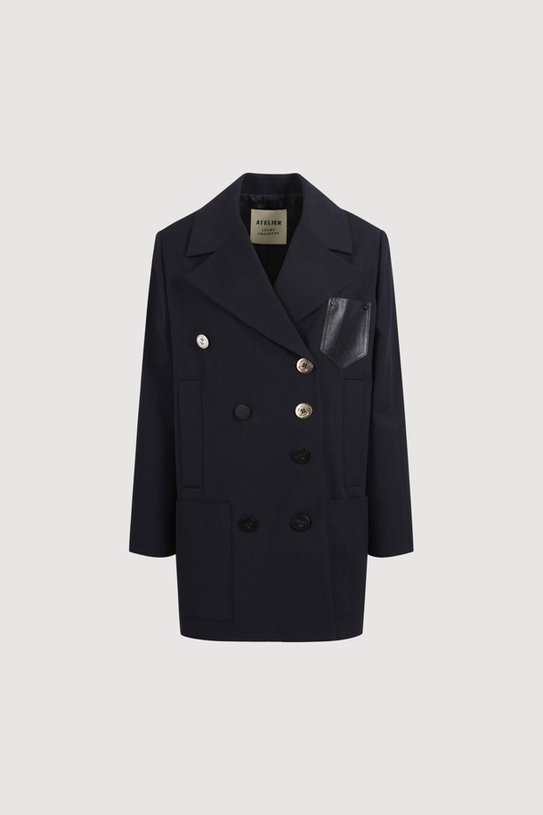 LUCKY CHOUETTE - 코트 - [Atelier] Wool Cotton Button Detail Pea Coat (dark navy)