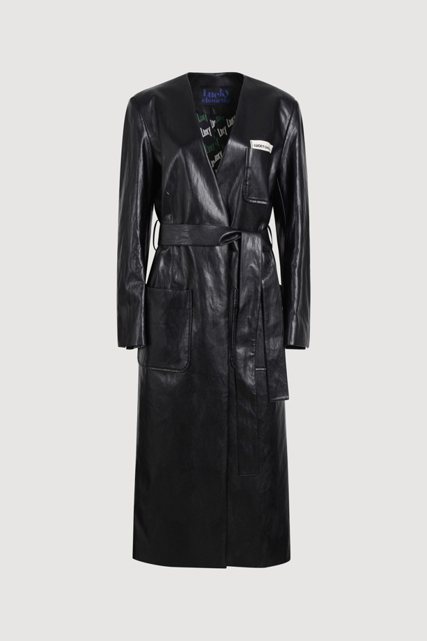 LUCKY CHOUETTE - 코트 - Fake Leather Long Fabric Belt Coat (black)