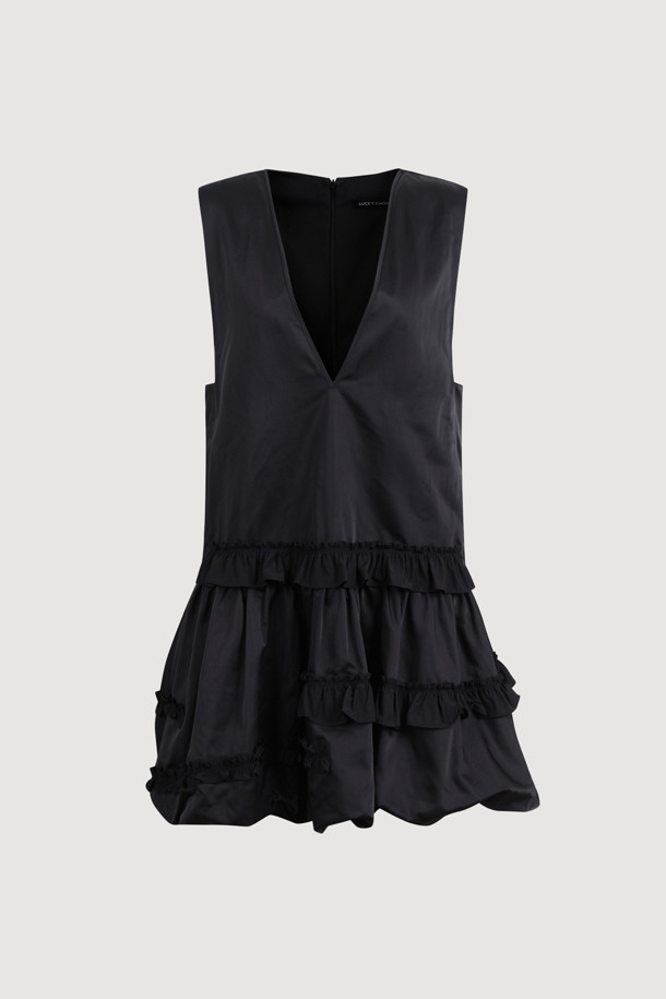 LUCKY CHOUETTE - 민소매 원피스 - V Neck Frill Mini Dress (black)