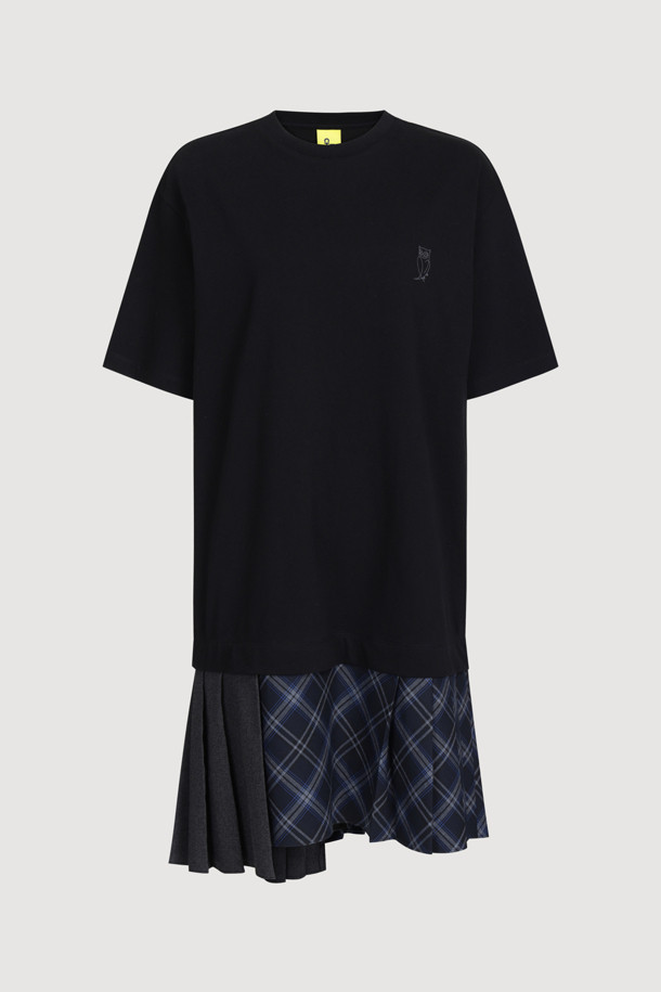 LUCKY CHOUETTE - 반소매 원피스 - Pleats Texture Block Half Sleeve Jersey Dress (black)