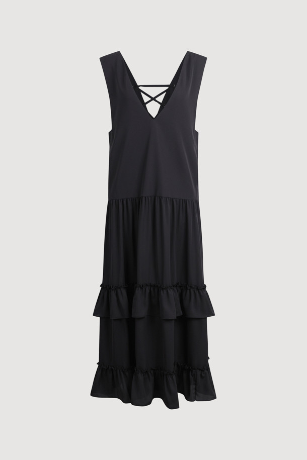 LUCKY CHOUETTE - 민소매 원피스 - V Neck Layered Poly Dress (black)