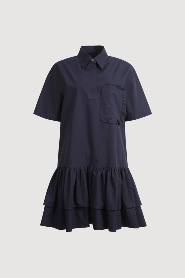 LUCKY CHOUETTE - 반소매 원피스 - Hem Frill Half Sleeve Cotton Shirt Dress (dark navy)