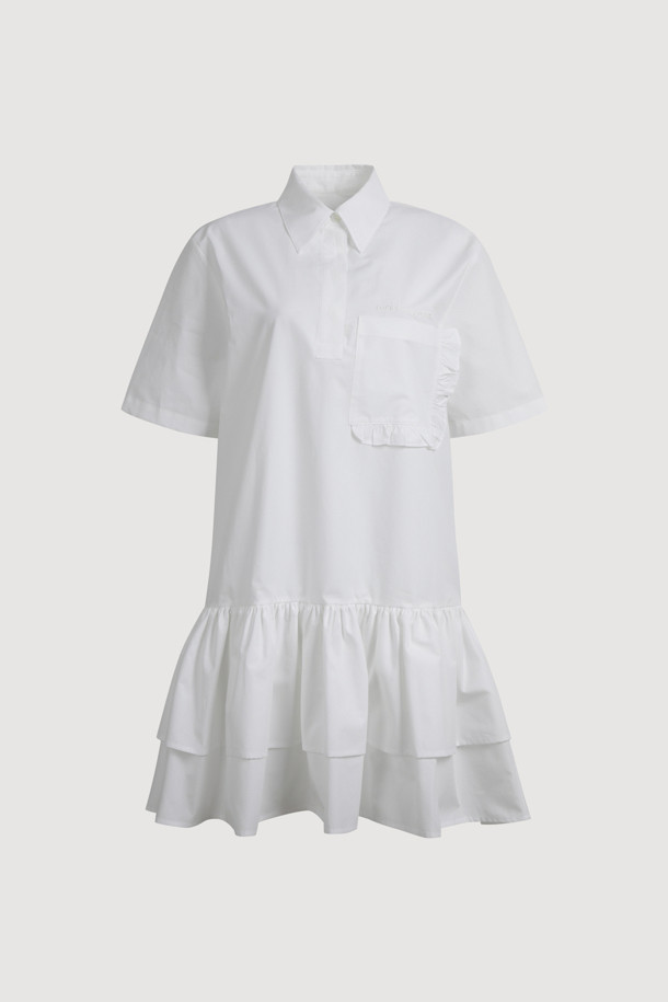 LUCKY CHOUETTE - 반소매 원피스 - Hem Frill Half Sleeve Cotton Shirt Dress (white)