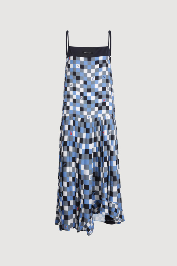 LUCKY CHOUETTE - 민소매 원피스 - Checkered Printed Slip Dress (blue)