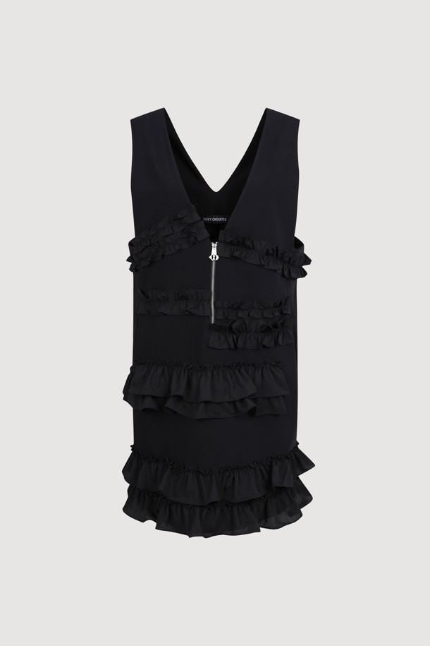 LUCKY CHOUETTE - 민소매 원피스 - Frill-decorated V-neck Mini Dress (black)