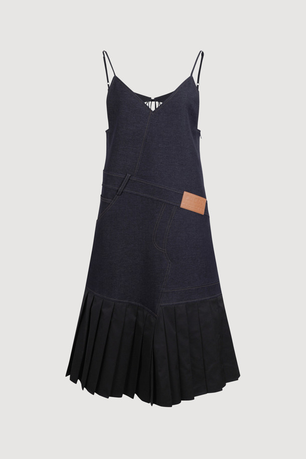 LUCKY CHOUETTE - 민소매 원피스 - Pleats Colored Denim-Like Dress (dark navy)