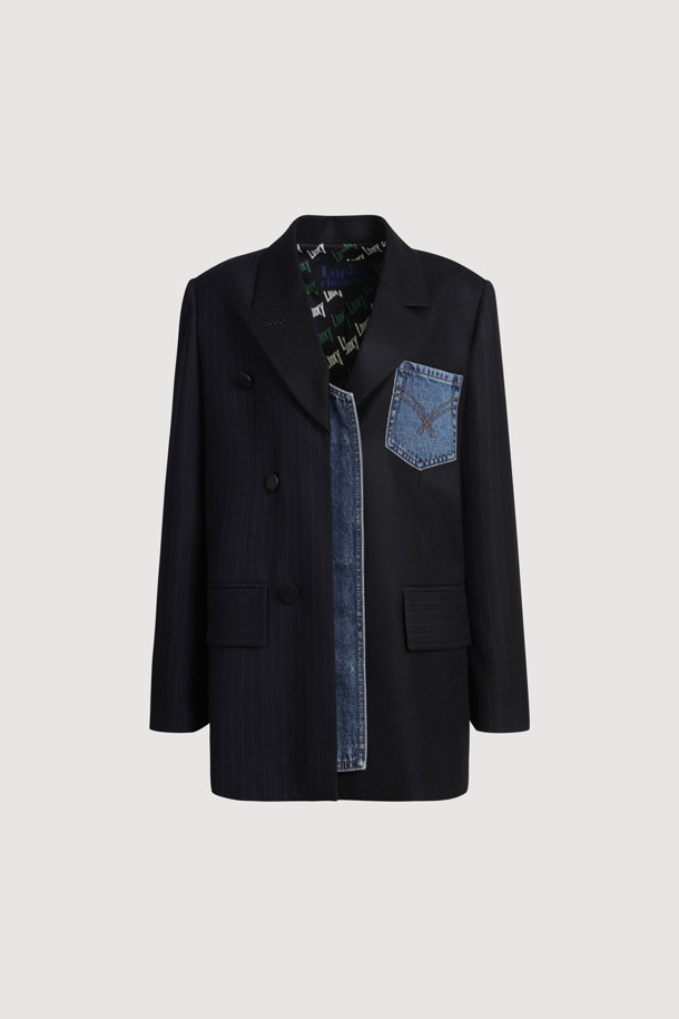 LUCKY CHOUETTE - 자켓 - [Re-Order] Denim Patch Stripe Color Jacket (black)