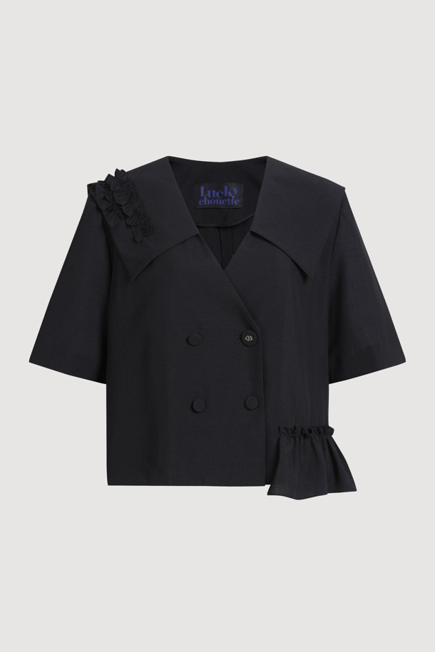 【美品】 COLLARLESS SHORT SLEEVE JACKET Cropped Taffeta Jacket | SLY010