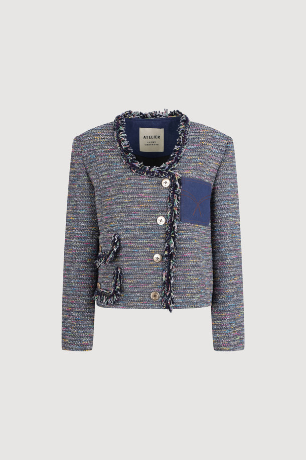 LUCKY CHOUETTE - 자켓 - [Atelier] Denim Pocket U-Neck Tweed Jacket (multi color)