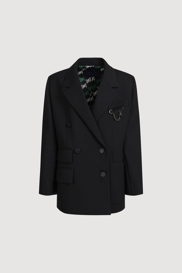 LUCKY CHOUETTE - 자켓 - Solid Brooch Double Jacket (dark black)