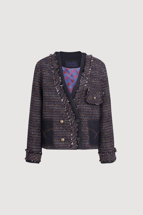 LUCKY CHOUETTE - 자켓 - Denim Patch Eyelet Pocket Tweed Jacket (dark navy)