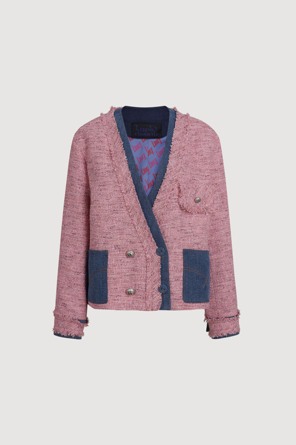 LUCKY CHOUETTE - 자켓 - Denim Patch Eyelet Pocket Tweed Jacket (pink)