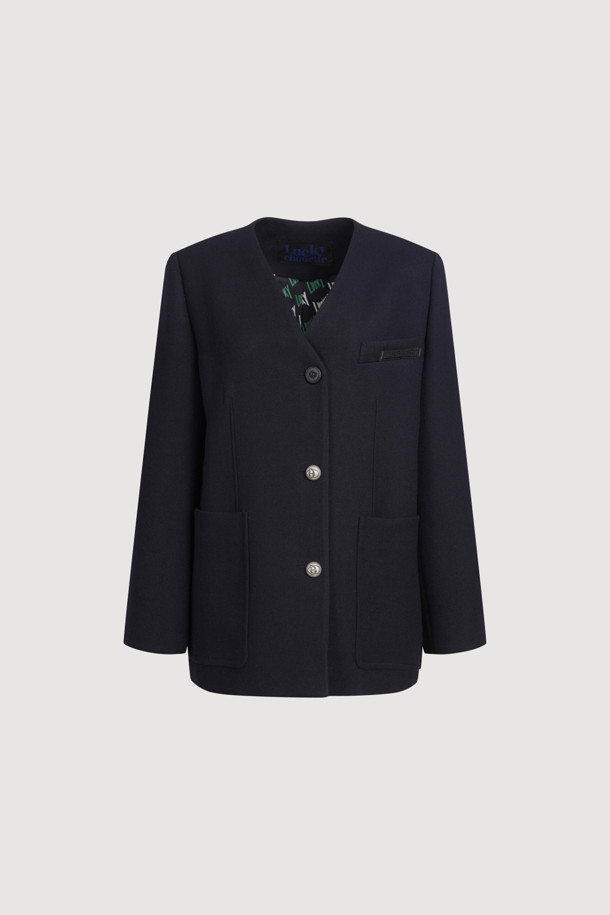 LUCKY CHOUETTE - 자켓 - V-neck Collarless Half Jacket (dark navy)