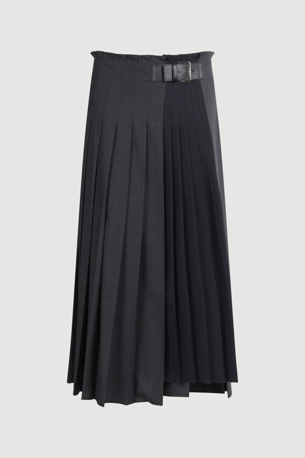 LUCKY CHOUETTE - 롱스커트 - [Atelier] Check Solid Mix Long Pleats Skirt (grey)