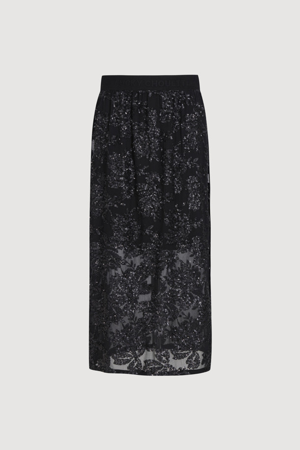 LUCKY CHOUETTE - 롱스커트 - [Holiday Edition] Spangle Long Banded Waist Skirt (Under Skirt Set) (black)