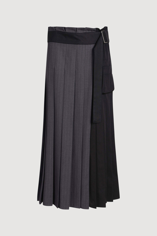 LUCKY CHOUETTE - 롱스커트 - Solid Stripe MIX Pleated Long Skirt (black)