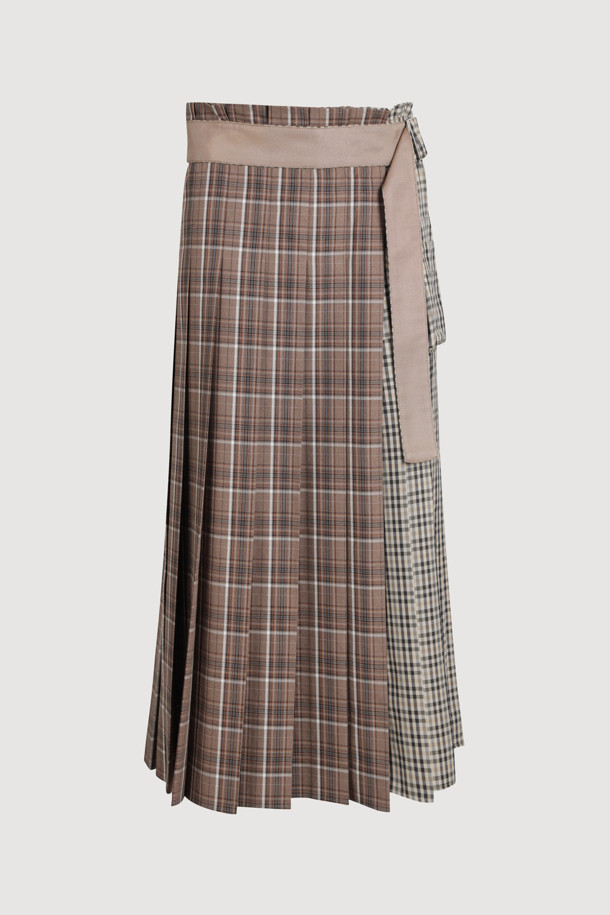 LUCKY CHOUETTE - 롱스커트 - Checkered MIX Pleated Long Skirt (beige)