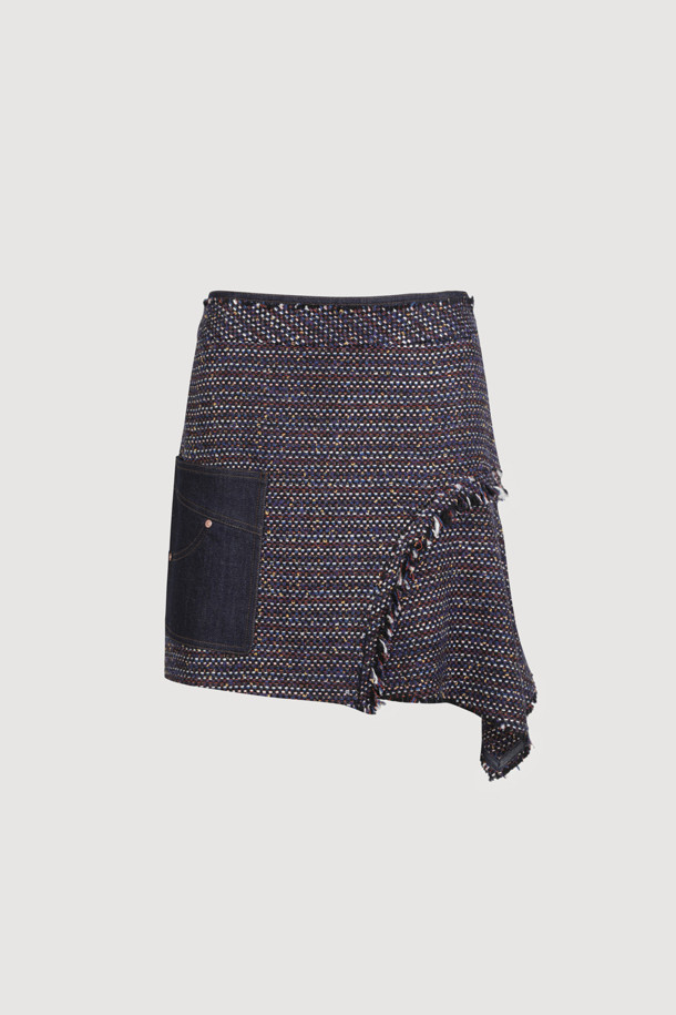 LUCKY CHOUETTE - 미니스커트 - Denim Patch Tweed Midi Skirt (dark navy)