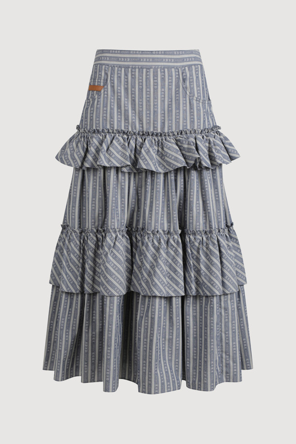 LUCKY CHOUETTE - 롱스커트 - Shirring Stripe Back Banding Long Skirt (blue)