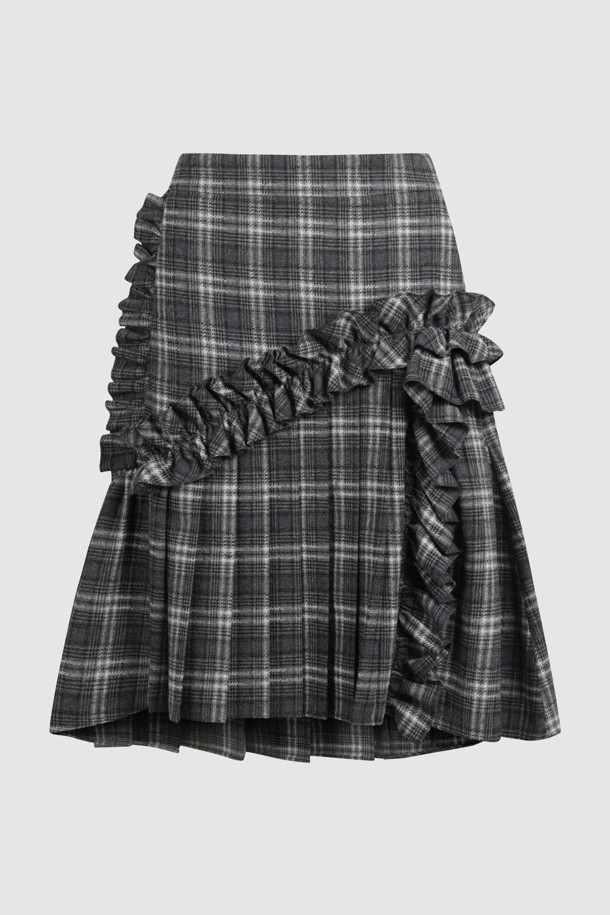 다크 그레이 컬러의 Check Wrinkle 미디 스커트입니다. 울 소재로 제작되어 부드러운 촉감과 두께감으로 가을, 겨울 시즌에 따뜻하게 착용할 수 있습니다. 클래식한 무드의 A라인 핏에 체크 패턴이 더해져 고급스러운 느낌을 주며, 오피스룩, 출근룩, 모임룩 등 다양한 TPO에 활용 가능합니다. 옆 지퍼 여밈과 셔링, 주름 디테일이 특징이며, 필링에 주의하여 관리해야 합니다. 미니멀한 스타일을 즐겨 입는 여성분들께 추천합니다.
