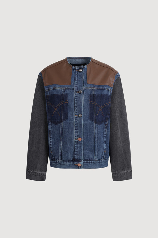 LUCKY CHOUETTE - 자켓 - [Re-Order] Fake Leather Color Block Denim Jacket (blue)