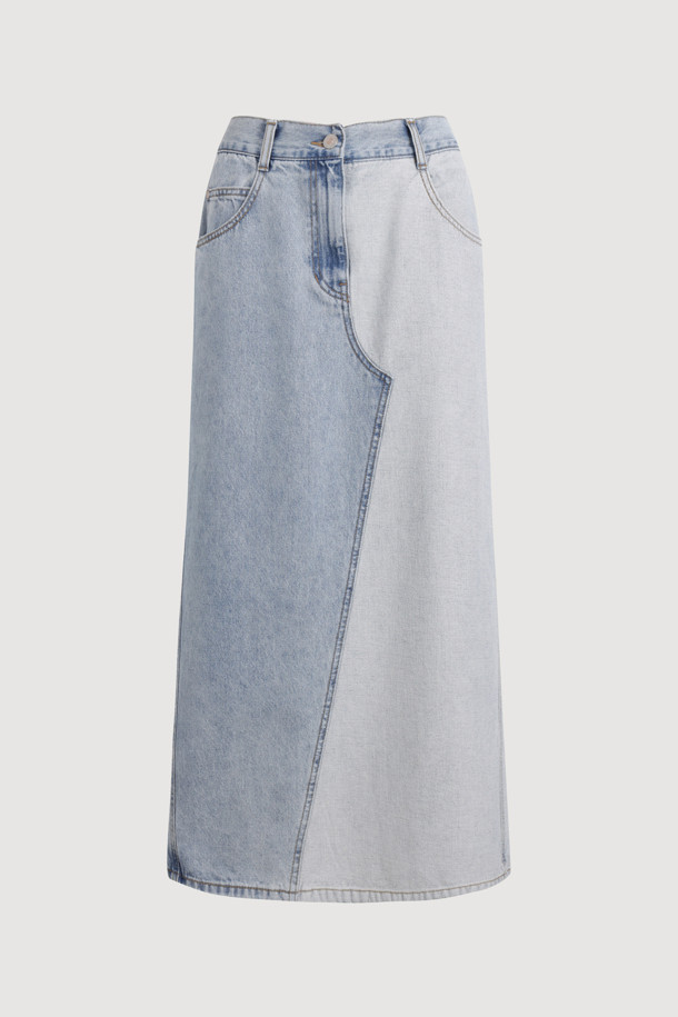 LUCKY CHOUETTE - 롱스커트 - Back Banding Color Block Long Denim Skirt (blue)