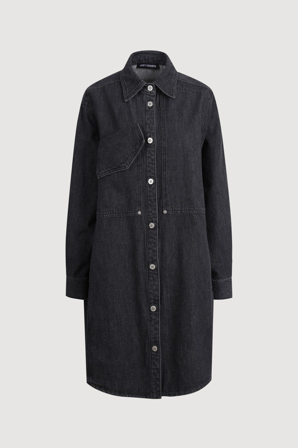 LUCKY CHOUETTE - 데님 원피스 - Unbalance Pocket Denim Shirt Dress (black)