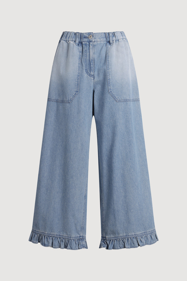 LUCKY CHOUETTE - 롱/미디팬츠 - [Re-Order] Hem Frill Back Banding Wide Denim Pants (blue)