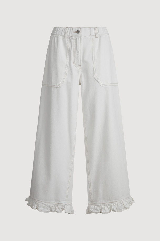 LUCKY CHOUETTE - 롱/미디팬츠 - Hem Frill Back Banding Wide Denim Pants (white)