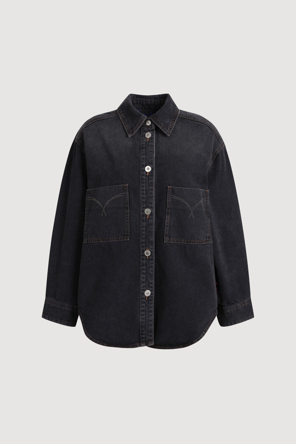 LUCKY CHOUETTE - 셔츠 - [Holiday Edition] Ribbon-decorated Denim Shirts (Dark Grey)