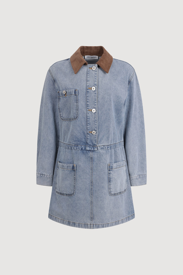 LUCKY CHOUETTE - 데님 원피스 - Corduroy Collar Denim Dress (blue)