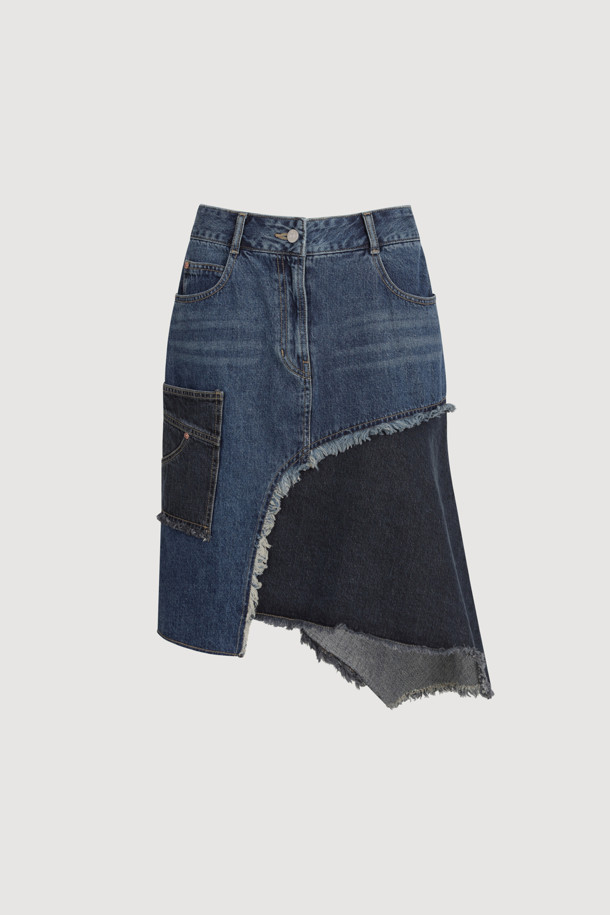 LUCKY CHOUETTE - 데님 - Color Block Asymmetric Denim Skirt (blue)