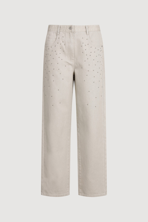 LUCKY CHOUETTE - 롱/미디팬츠 - Stud Decoration Denim Pants (light beige)