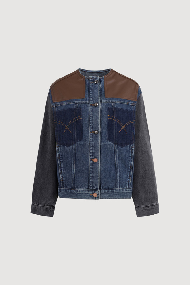 LUCKY CHOUETTE - 점퍼 - Fake Leather Color Block Denim Jacket (blue)