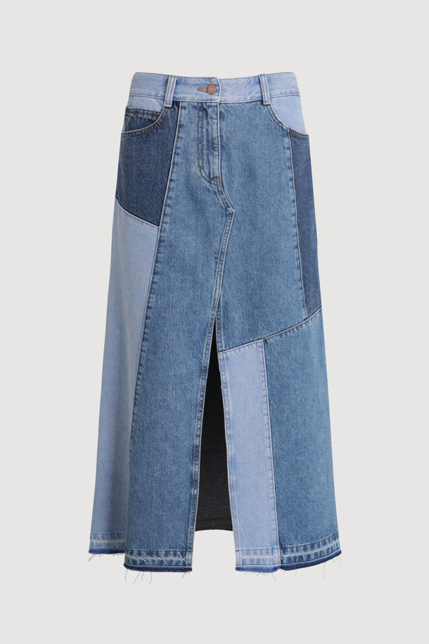 LUCKY CHOUETTE - 롱스커트 - Color Patch Denim Long Skirt (blue)