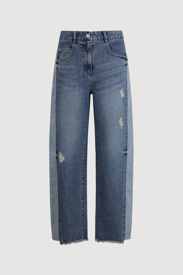 LUCKY CHOUETTE - 롱/미디팬츠 - Waist Coloring Cocoon Fit Denim Pants (blue)