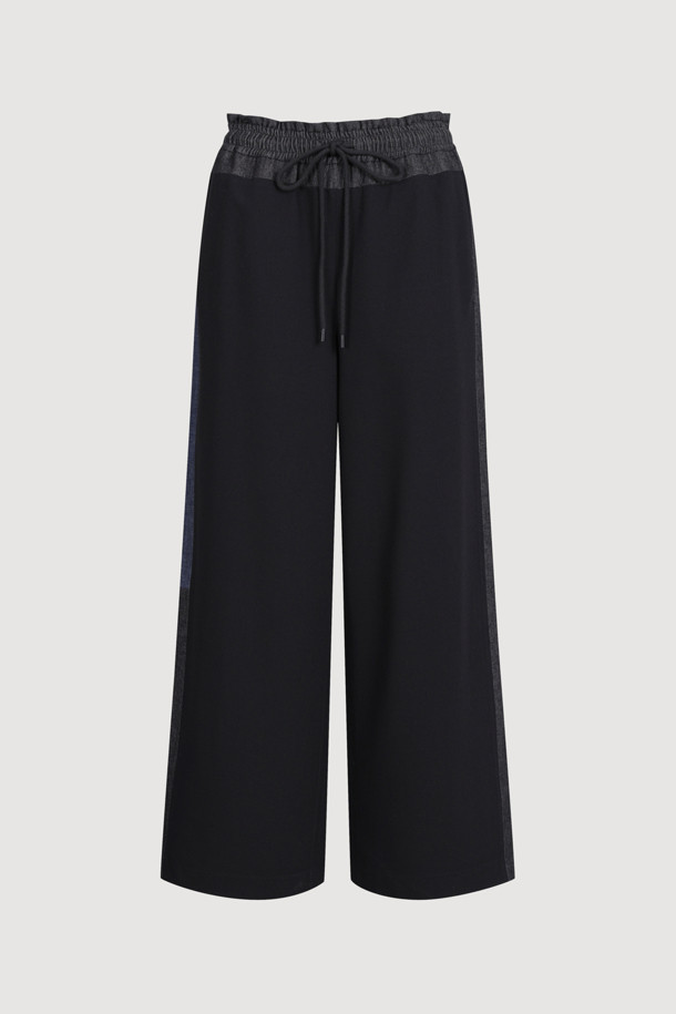 LUCKY CHOUETTE - 롱/미디팬츠 - Waist Color Canding Wide Pants (black)