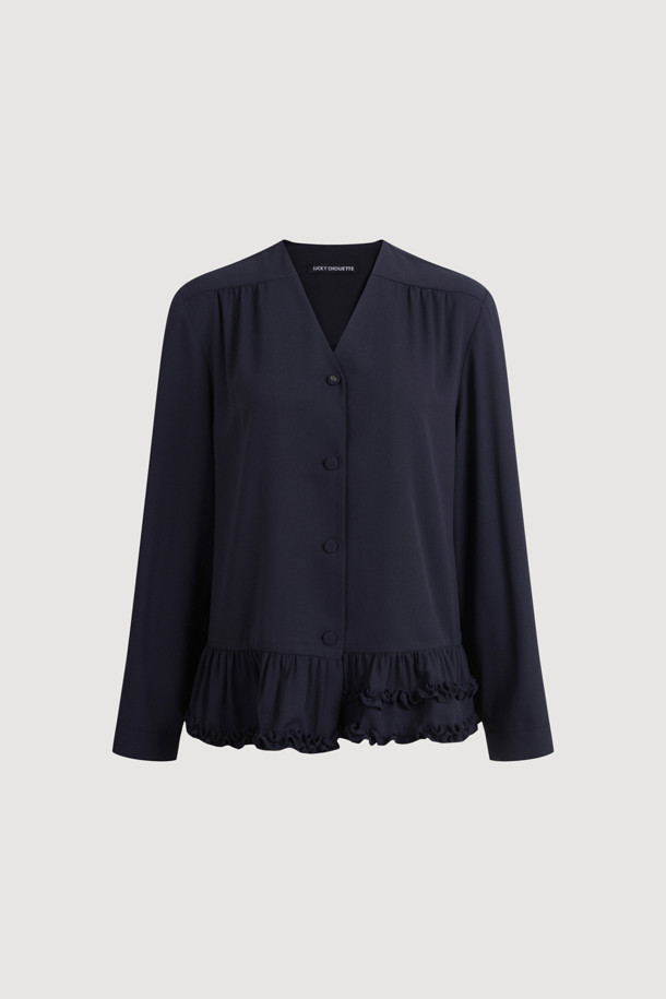 LUCKY CHOUETTE - 블라우스 - Shirring Point Poly Long Sleeve Blouse (dark navy)