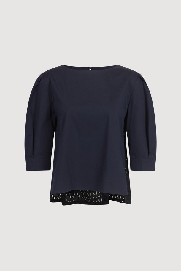 LUCKY CHOUETTE - 블라우스 - Eyelet Block Volume Sleeve Blouse (dark navy)