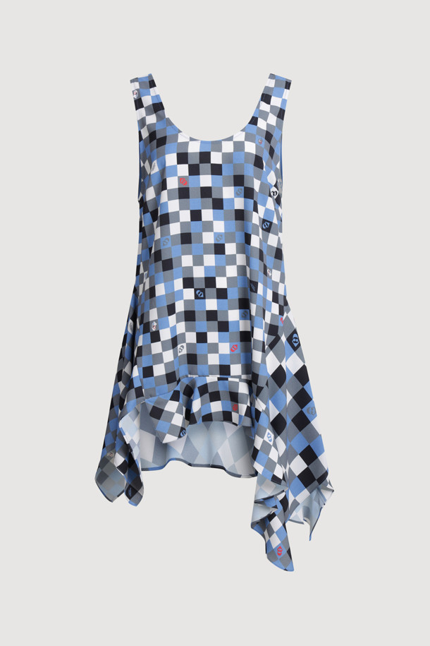 LUCKY CHOUETTE - 블라우스 - Check Print MIX Sleeveless Blouse (blue)