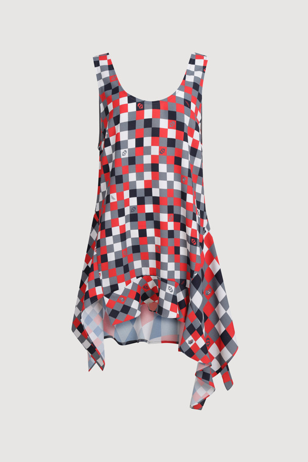 LUCKY CHOUETTE - 블라우스 - Check Print MIX Sleeveless Blouse (red)