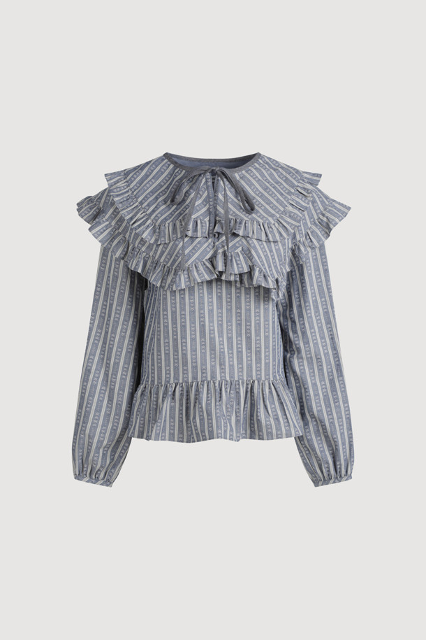 LUCKY CHOUETTE - 블라우스 - Frill Point Stripe Long Sleeve Blouse (blue)