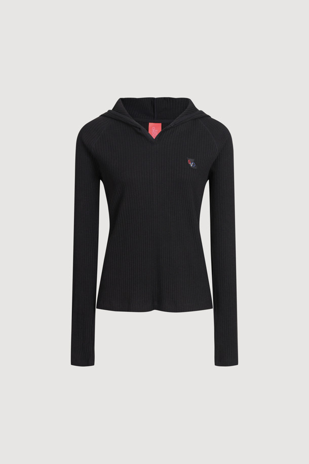 LUCKY CHOUETTE - 후디 - [Re-Order] Embroidered Point Rib Hooded T-shirt (black)