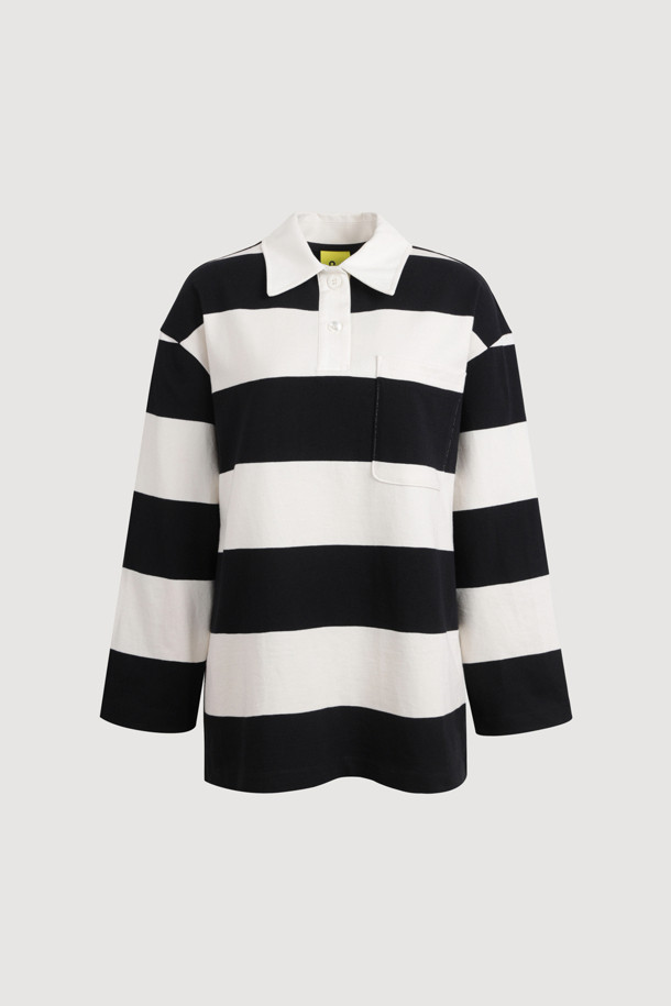 LUCKY CHOUETTE - 긴소매 티셔츠 - [Re-Order] Stripe Collar Long Sleeve T-shirt (black)