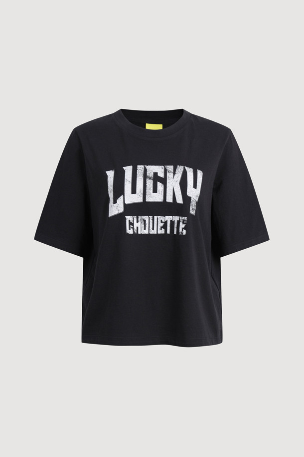 LUCKY CHOUETTE - 반소매 티셔츠 - Lucky Lettering Loose Fit Half Sleeve T-shirt (black)