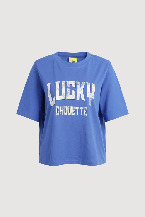 LUCKY CHOUETTE - 반소매 티셔츠 - Lucky Lettering Loose Fit Half Sleeve T-shirt (blue)