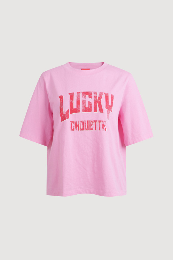 LUCKY CHOUETTE - 반소매 티셔츠 - Lucky Lettering Loose Fit Half Sleeve T-shirt (pink)