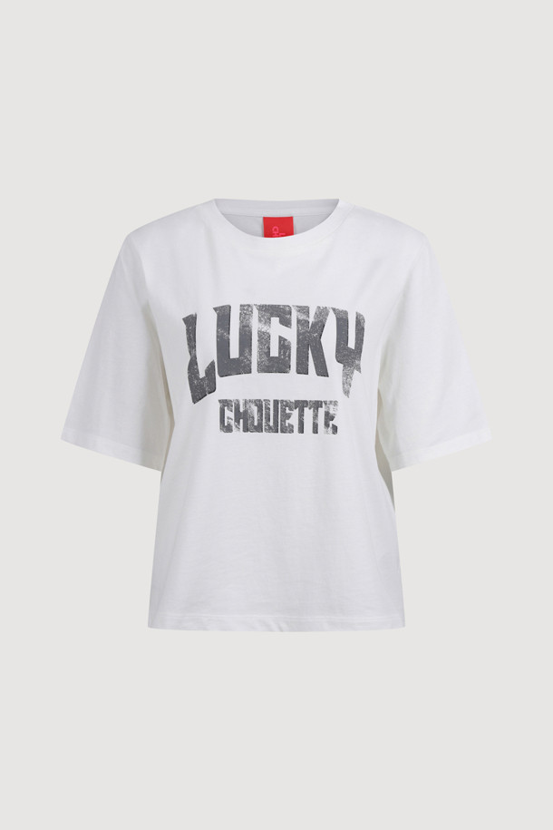LUCKY CHOUETTE - 반소매 티셔츠 - [Re-Order] Lucky Lettering Loose Fit Half Sleeve T-shirt (white)