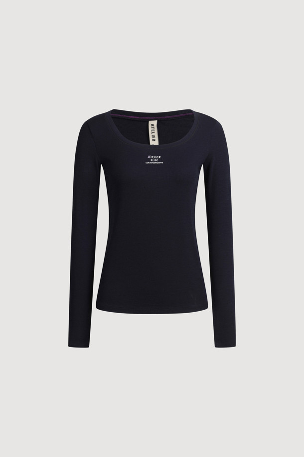 LUCKY CHOUETTE - 긴소매 티셔츠 - [Atelier] U-neck Ribbed Slim Fit Long Sleeve T-shirt (dark navy)