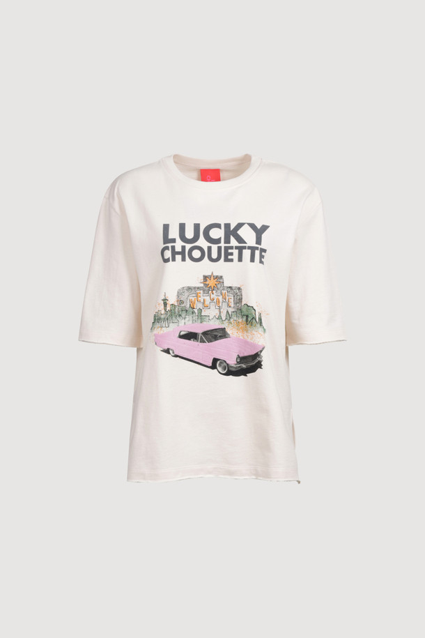 LUCKY CHOUETTE - 반소매 티셔츠 - [Holiday Edition] Print Point Loose Fit Short Sleeve T-shirt (light beige)